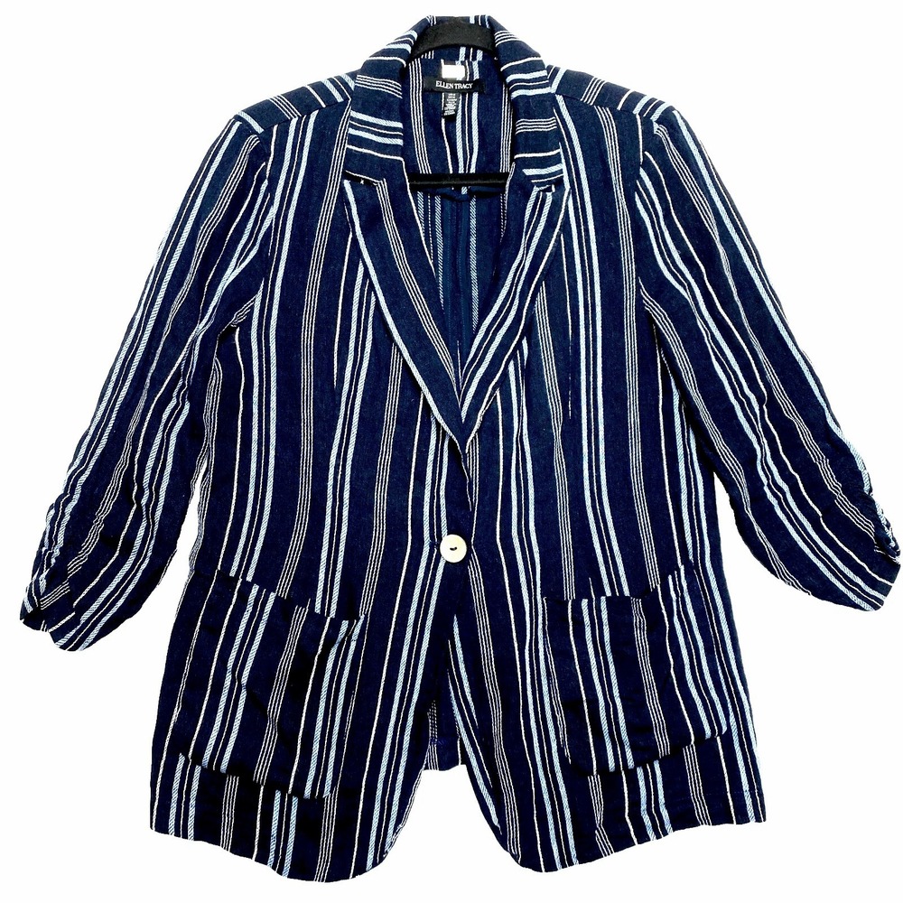 Ellen Tracy Jacket Womens Medium Navy 3/4 Sleeve Stripe Padded Linen Blend